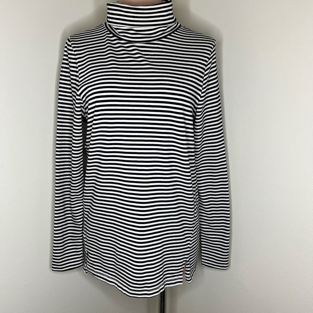 AMO Turtleneck Sweater Large Womens Striped Knit Top Cotton Blend Black White